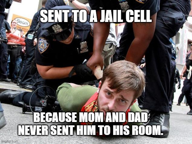 Arresting Protestor | SENT TO A JAIL CELL; BECAUSE MOM AND DAD NEVER SENT HIM TO HIS ROOM. | image tagged in arresting protestor | made w/ Imgflip meme maker