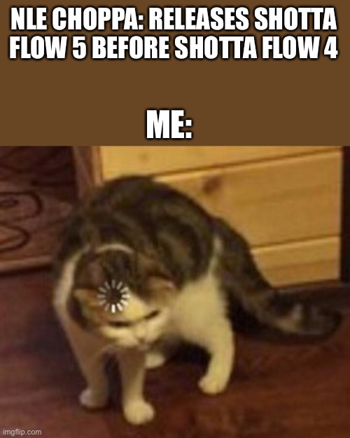 Loading cat | NLE CHOPPA: RELEASES SHOTTA FLOW 5 BEFORE SHOTTA FLOW 4; ME: | image tagged in loading cat,memes | made w/ Imgflip meme maker