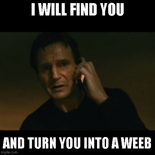 Liam Neeson Taken | I WILL FIND YOU; AND TURN YOU INTO A WEEB | image tagged in memes,liam neeson taken | made w/ Imgflip meme maker