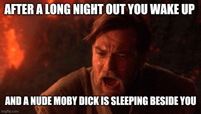 You Were The Chosen One (Star Wars) | AFTER A LONG NIGHT OUT YOU WAKE UP; AND A NUDE MOBY DICK IS SLEEPING BESIDE YOU | image tagged in memes,you were the chosen one star wars | made w/ Imgflip meme maker