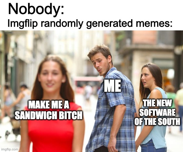 I swear they don't even use AI, just random phrases | Nobody:; Imgflip randomly generated memes:; ME; THE NEW SOFTWARE OF THE SOUTH; MAKE ME A SANDWICH BITCH | image tagged in memes,distracted boyfriend | made w/ Imgflip meme maker