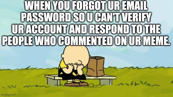 The struggle is real (also me irl) | WHEN YOU FORGOT UR EMAIL PASSWORD SO U CAN'T VERIFY UR ACCOUNT AND RESPOND TO THE PEOPLE WHO COMMENTED ON UR MEME. | image tagged in depressed charlie brown | made w/ Imgflip meme maker