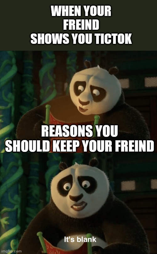 Kung Fu Panda blank | WHEN YOUR FREIND SHOWS YOU TICTOK; REASONS YOU SHOULD KEEP YOUR FREIND | image tagged in kung fu panda blank | made w/ Imgflip meme maker