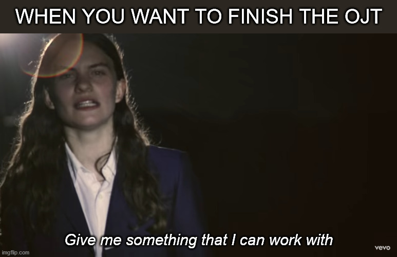 When you want to finish the OJT | WHEN YOU WANT TO FINISH THE OJT; Give me something that I can work with | image tagged in give me something that i can work with | made w/ Imgflip meme maker