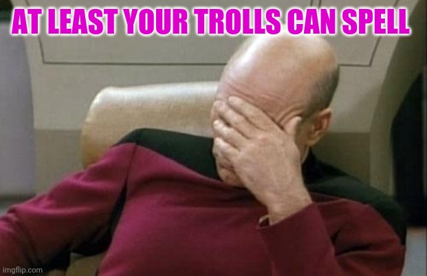 Captain Picard Facepalm Meme | AT LEAST YOUR TROLLS CAN SPELL | image tagged in memes,captain picard facepalm | made w/ Imgflip meme maker