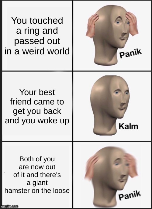 Panik Kalm Panik | You touched a ring and passed out in a weird world; Your best friend came to get you back and you woke up; Both of you are now out of it and there's a giant hamster on the loose | image tagged in memes,panik kalm panik | made w/ Imgflip meme maker