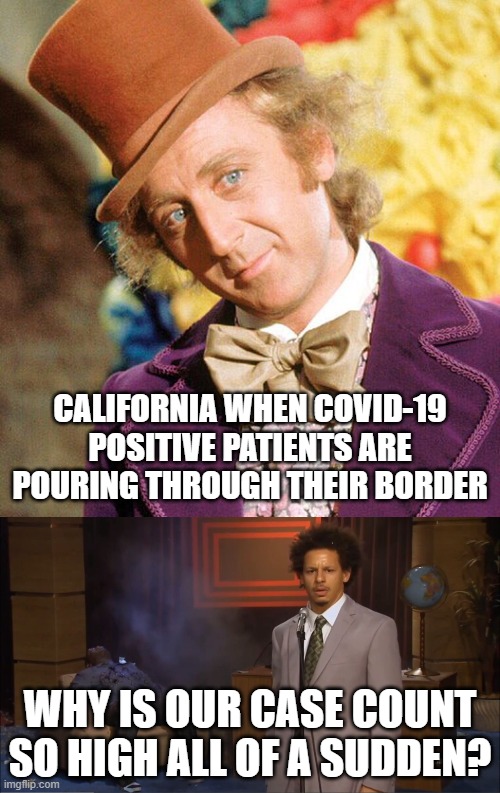 It's almost like they're willing to get you infected for the sake of exerting lockdown authority. | CALIFORNIA WHEN COVID-19 POSITIVE PATIENTS ARE POURING THROUGH THEIR BORDER; WHY IS OUR CASE COUNT SO HIGH ALL OF A SUDDEN? | image tagged in democrats,covid-19,build the wall,authoritarianism,enough is enough | made w/ Imgflip meme maker