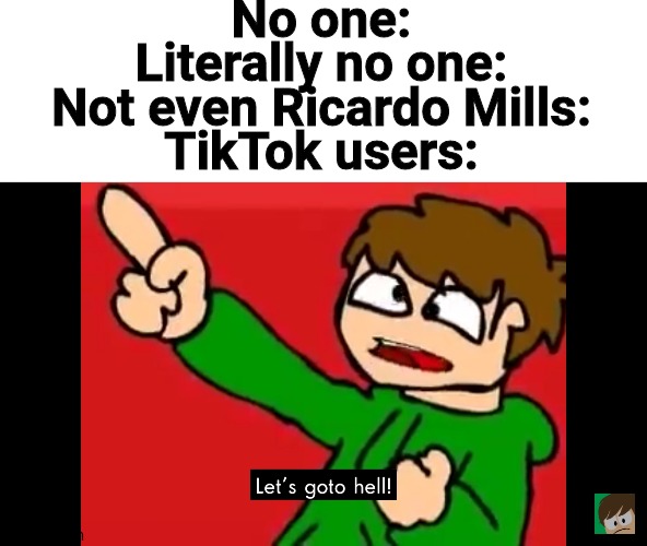 Die you thots! | No one:

Literally no one:
Not even Ricardo Mills:

TikTok users: | image tagged in let's go to hell,tik tok,war against tiktok,Eddsworld | made w/ Imgflip meme maker