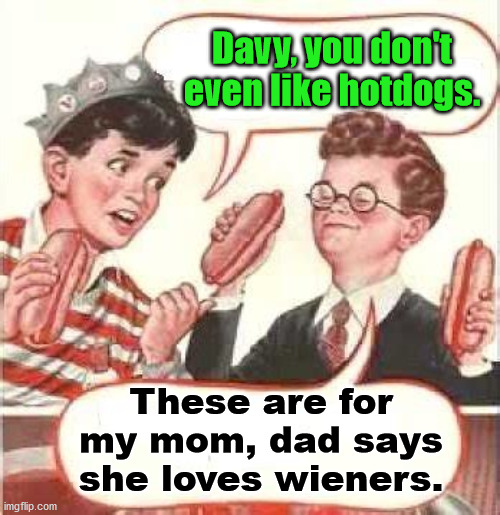 Two Wieners | Davy, you don't even like hotdogs. These are for my mom, dad says she loves wieners. | image tagged in two wieners | made w/ Imgflip meme maker