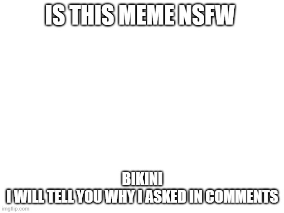Blank White Template | IS THIS MEME NSFW; BIKINI
I WILL TELL YOU WHY I ASKED IN COMMENTS | image tagged in blank white template | made w/ Imgflip meme maker