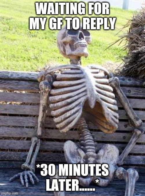 Waiting Skeleton | WAITING FOR MY GF TO REPLY; *30 MINUTES LATER......* | image tagged in memes,waiting skeleton | made w/ Imgflip meme maker
