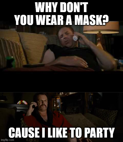 Like to party | WHY DON'T YOU WEAR A MASK? CAUSE I LIKE TO PARTY | image tagged in scooby doo mask reveal | made w/ Imgflip meme maker