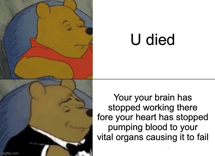 Tuxedo Winnie The Pooh | U died; Your your brain has stopped working there fore your heart has stopped pumping blood to your vital organs causing it to fail | image tagged in memes,tuxedo winnie the pooh | made w/ Imgflip meme maker