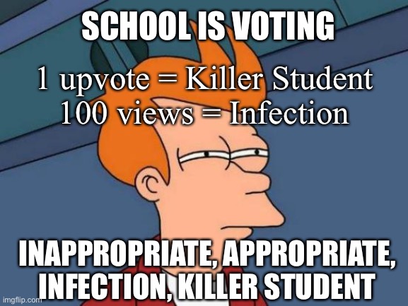 Shool Horror | SCHOOL IS VOTING; 1 upvote = Killer Student 
100 views = Infection; INAPPROPRIATE, APPROPRIATE, INFECTION, KILLER STUDENT | image tagged in memes,futurama fry | made w/ Imgflip meme maker