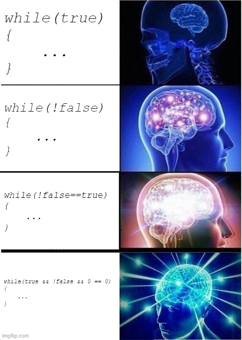 Expanding Brain | while(true) 
{
    ...
}; while(!false) 
{
    ...
}; while(!false==true) 
{
    ...
}; while(true && !false && 0 == 0) 
{
    ...
} | image tagged in memes,expanding brain,programming | made w/ Imgflip meme maker