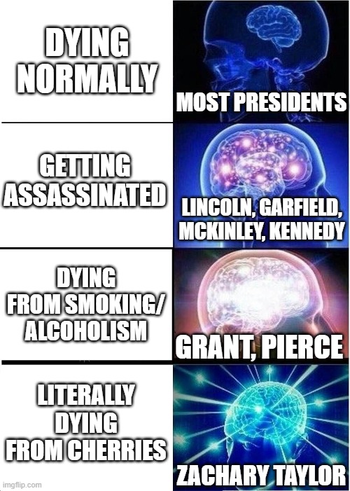 Expanding Brain Meme | DYING NORMALLY; MOST PRESIDENTS; GETTING ASSASSINATED; LINCOLN, GARFIELD, MCKINLEY, KENNEDY; DYING FROM SMOKING/ ALCOHOLISM; GRANT, PIERCE; LITERALLY DYING FROM CHERRIES; ZACHARY TAYLOR | image tagged in memes,expanding brain | made w/ Imgflip meme maker