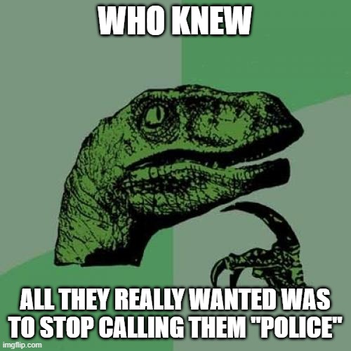 Philosoraptor Meme | WHO KNEW ALL THEY REALLY WANTED WAS TO STOP CALLING THEM "POLICE" | image tagged in memes,philosoraptor | made w/ Imgflip meme maker