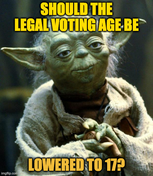I say yes. | SHOULD THE LEGAL VOTING AGE BE; LOWERED TO 17? | image tagged in memes,star wars yoda,yes | made w/ Imgflip meme maker
