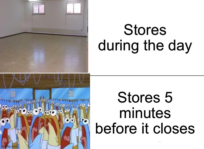 Tuxedo Winnie The Pooh | Stores during the day; Stores 5 minutes before it closes | image tagged in memes,tuxedo winnie the pooh | made w/ Imgflip meme maker