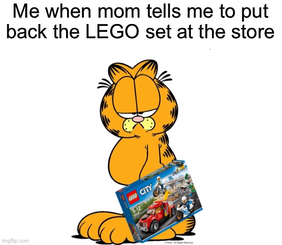 Grumpy Garfield | Me when mom tells me to put back the LEGO set at the store | image tagged in grumpy garfield | made w/ Imgflip meme maker