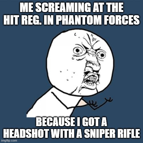 Y U No Meme | ME SCREAMING AT THE HIT REG. IN PHANTOM FORCES; BECAUSE I GOT A HEADSHOT WITH A SNIPER RIFLE | image tagged in memes,y u no | made w/ Imgflip meme maker