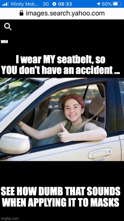 W69; I wear MY seatbelt, so YOU don't have an accident ... SEE HOW DUMB THAT SOUNDS WHEN APPLYING IT TO MASKS | image tagged in safety,masks | made w/ Imgflip meme maker