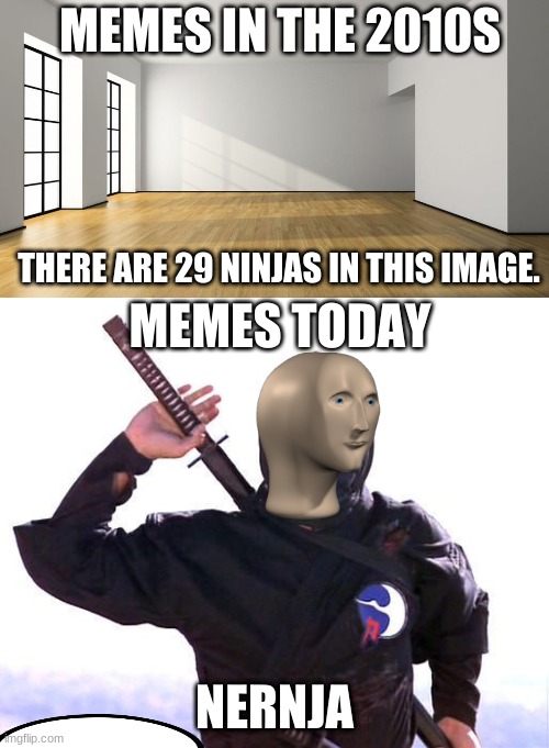 Something went wrong. | MEMES IN THE 2010S; MEMES TODAY; THERE ARE 29 NINJAS IN THIS IMAGE. NERNJA | image tagged in meme man,ninjas,memes | made w/ Imgflip meme maker