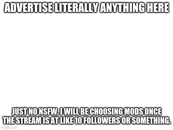 YAY! NEW STREAM |  ADVERTISE LITERALLY ANYTHING HERE; JUST NO NSFW. I WILL BE CHOOSING MODS ONCE THE STREAM IS AT LIKE 10 FOLLOWERS OR SOMETHING. | image tagged in blank white template | made w/ Imgflip meme maker