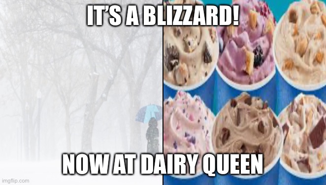 It’s a blizzard! Now at Diary Queen | IT’S A BLIZZARD! NOW AT DAIRY QUEEN | image tagged in dairy queen | made w/ Imgflip meme maker