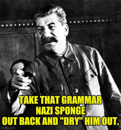 Stalin | TAKE THAT GRAMMAR NAZI SPONGE
OUT BACK AND "DRY" HIM OUT. | image tagged in stalin | made w/ Imgflip meme maker