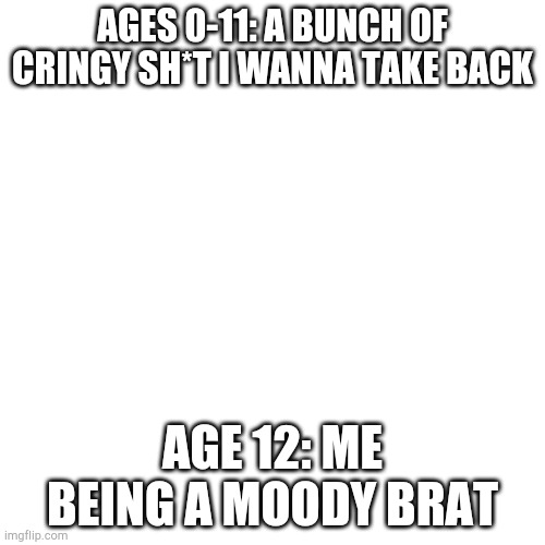 My life so far... | AGES 0-11: A BUNCH OF CRINGY SH*T I WANNA TAKE BACK; AGE 12: ME BEING A MOODY BRAT | image tagged in memes | made w/ Imgflip meme maker