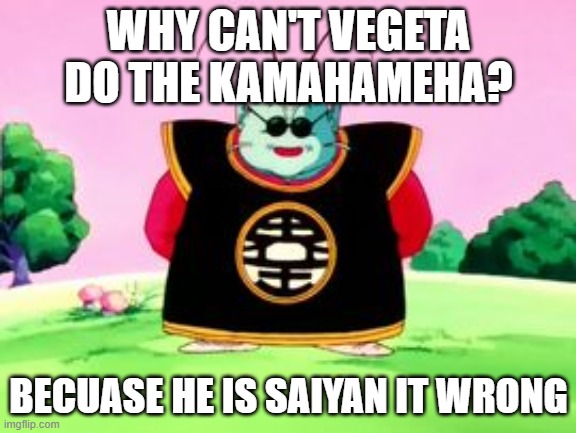 Just Saiyan | WHY CAN'T VEGETA DO THE KAMAHAMEHA? BECUASE HE IS SAIYAN IT WRONG | image tagged in king kai wisdom,dragon ball z | made w/ Imgflip meme maker