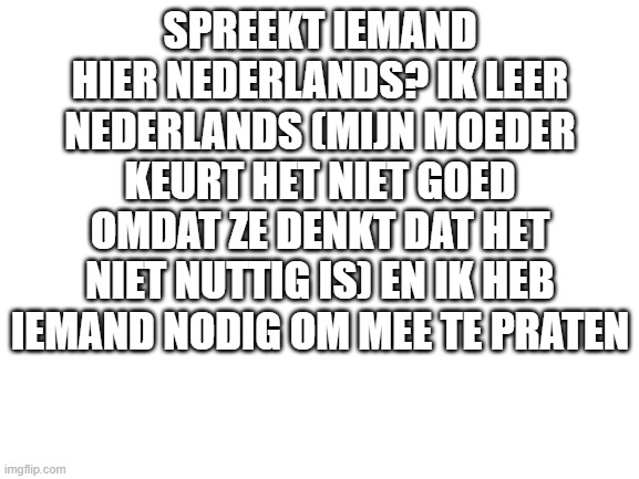 Blank White Template | SPREEKT IEMAND HIER NEDERLANDS? IK LEER NEDERLANDS (MIJN MOEDER KEURT HET NIET GOED OMDAT ZE DENKT DAT HET NIET NUTTIG IS) EN IK HEB IEMAND NODIG OM MEE TE PRATEN | image tagged in blank white template | made w/ Imgflip meme maker