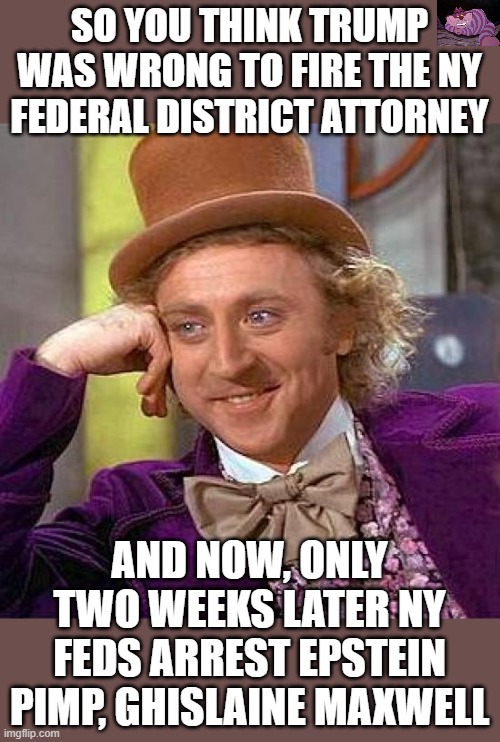 I guess maybe the DA wasn't doing his job. | SO YOU THINK TRUMP WAS WRONG TO FIRE THE NY FEDERAL DISTRICT ATTORNEY; AND NOW, ONLY TWO WEEKS LATER NY FEDS ARREST EPSTEIN PIMP, GHISLAINE MAXWELL | image tagged in memes,creepy condescending wonka | made w/ Imgflip meme maker