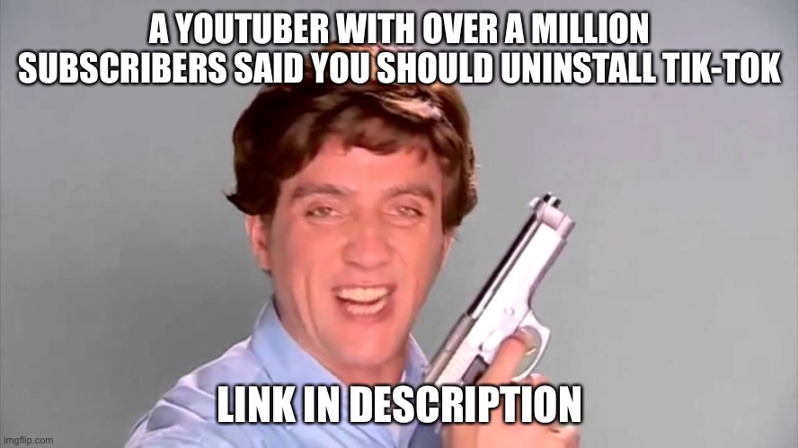 He also swears so you have been warned | A YOUTUBER WITH OVER A MILLION SUBSCRIBERS SAID YOU SHOULD UNINSTALL TIK-TOK; LINK IN DESCRIPTION | image tagged in kitchen gun | made w/ Imgflip meme maker