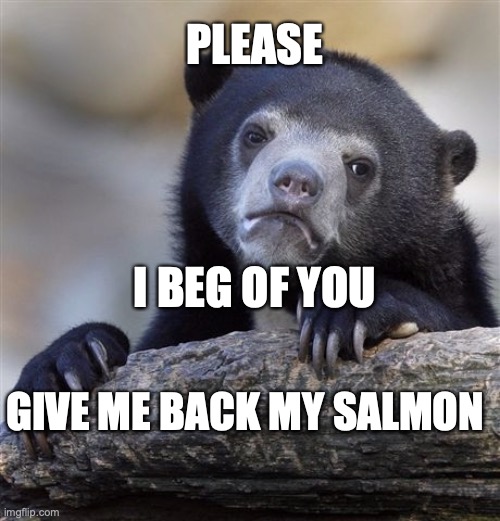 Confession Bear | PLEASE; I BEG OF YOU; GIVE ME BACK MY SALMON | image tagged in memes,confession bear | made w/ Imgflip meme maker