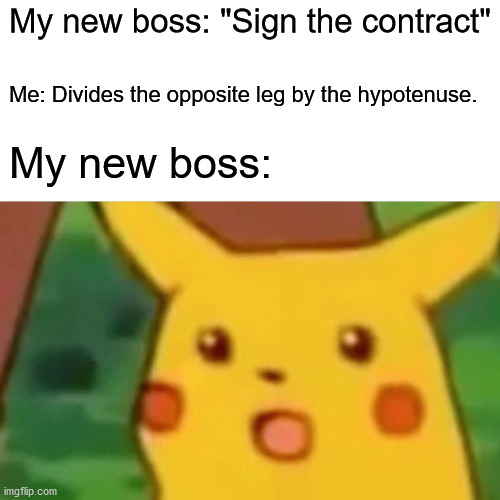 What are you talking about, you told me to sine it! | My new boss: "Sign the contract"; Me: Divides the opposite leg by the hypotenuse. My new boss: | image tagged in memes,surprised pikachu,sine,trigonometry,math | made w/ Imgflip meme maker