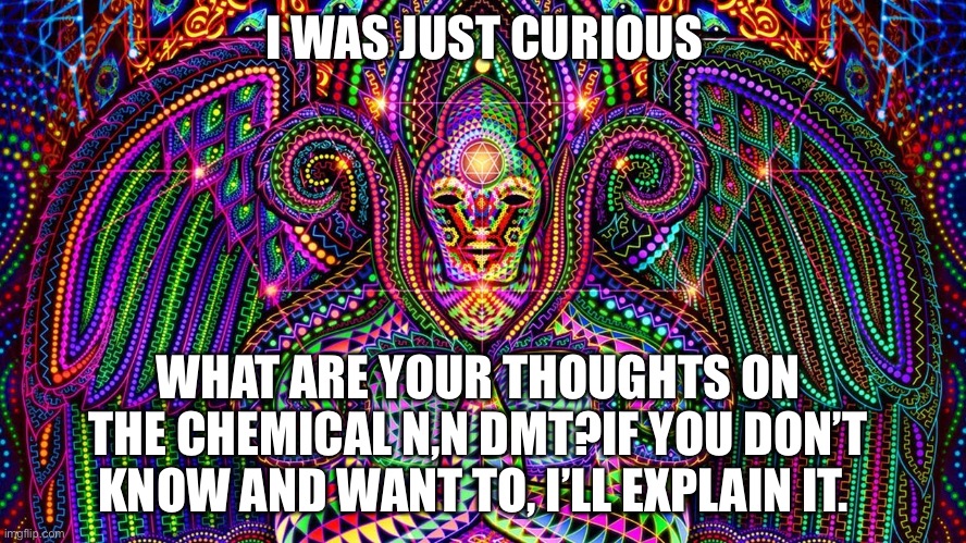 I was just thinking about it and wanted to see what others think of it. | I WAS JUST CURIOUS; WHAT ARE YOUR THOUGHTS ON THE CHEMICAL N,N DMT?IF YOU DON’T KNOW AND WANT TO, I’LL EXPLAIN IT. | made w/ Imgflip meme maker