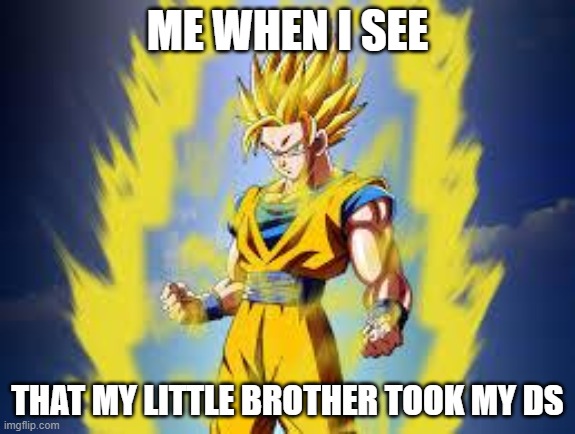 Goku meme #1 | ME WHEN I SEE; THAT MY LITTLE BROTHER TOOK MY DS | image tagged in dragon ball z,goku,transformation,anger,meme | made w/ Imgflip meme maker
