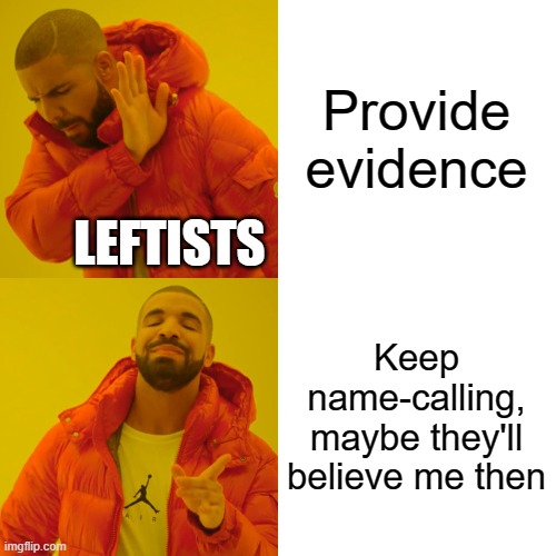Drake Hotline Bling Meme | Provide evidence Keep name-calling, maybe they'll believe me then LEFTISTS | image tagged in memes,drake hotline bling | made w/ Imgflip meme maker