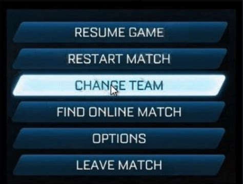 Still image meme of the Rocket League pause menu with the "Change Team" option selected