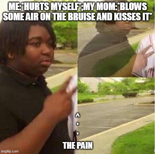 disappearing  | ME:*HURTS MYSELF*;MY MOM:*BLOWS SOME AIR ON THE BRUISE AND KISSES IT*; ^
'
'
THE PAIN | image tagged in disappearing | made w/ Imgflip meme maker