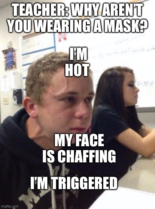 Teachers have their work cut out for them | TEACHER: WHY AREN’T YOU WEARING A MASK? I’M HOT; MY FACE IS CHAFFING; I’M TRIGGERED | image tagged in man triggered at school | made w/ Imgflip meme maker