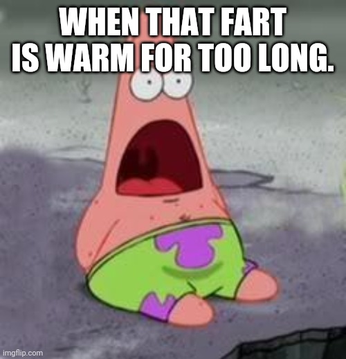 :l | WHEN THAT FART IS WARM FOR TOO LONG. | image tagged in suprised patrick,fart,spongebob | made w/ Imgflip meme maker
