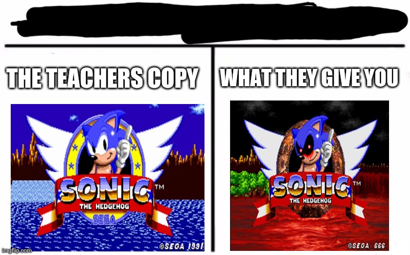 Who Would Win? | THE TEACHERS COPY; WHAT THEY GIVE YOU | image tagged in memes,who would win,sonic,sonicexe | made w/ Imgflip meme maker