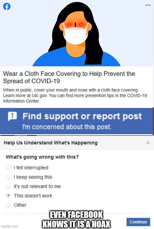 Facebook and the COVID Hoax | EVEN FACEBOOK KNOWS IT IS A HOAX | image tagged in covid-19,covid,hoax,tyranny | made w/ Imgflip meme maker