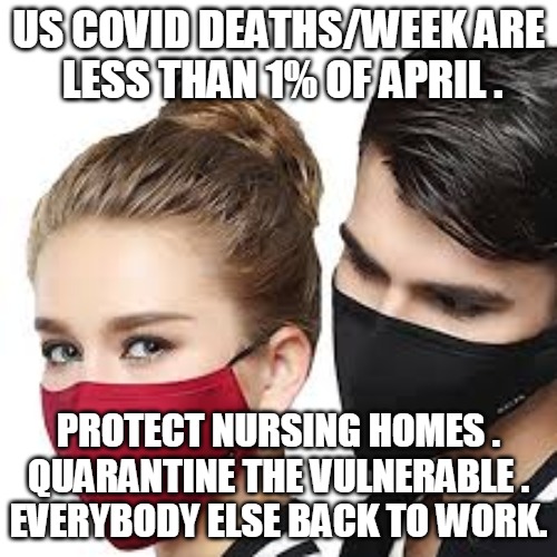 Back to Work | US COVID DEATHS/WEEK ARE
 LESS THAN 1% OF APRIL . PROTECT NURSING HOMES .
QUARANTINE THE VULNERABLE .
EVERYBODY ELSE BACK TO WORK. | image tagged in covid,corona virus,death,nursing home,quarantine,work | made w/ Imgflip meme maker