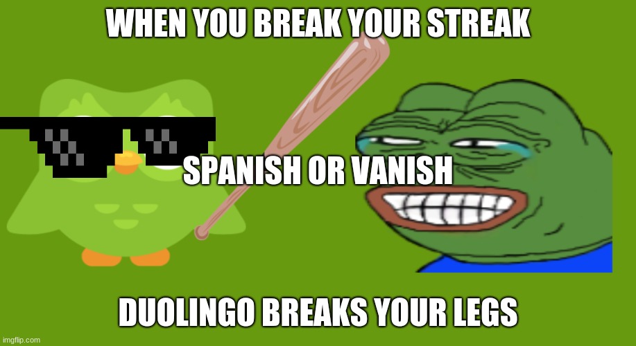 When You Break Your Streak I Break Your Legs | WHEN YOU BREAK YOUR STREAK; SPANISH OR VANISH; DUOLINGO BREAKS YOUR LEGS | image tagged in duolingo gun,duolingo bird | made w/ Imgflip meme maker
