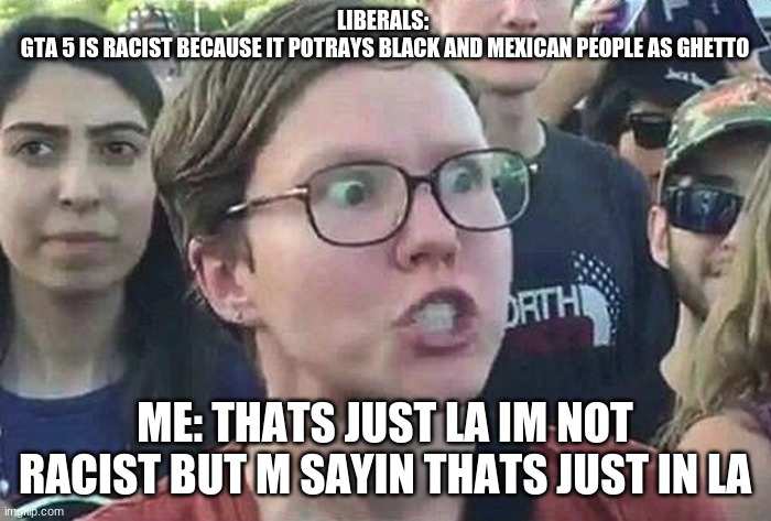 Triggered Liberal | LIBERALS: 
GTA 5 IS RACIST BECAUSE IT POTRAYS BLACK AND MEXICAN PEOPLE AS GHETTO ME: THATS JUST LA IM NOT RACIST BUT M SAYIN THATS JUST IN L | image tagged in triggered liberal | made w/ Imgflip meme maker