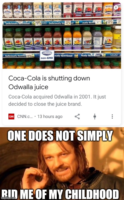 ONE DOES NOT SIMPLY; RID ME OF MY CHILDHOOD | image tagged in memes,one does not simply,juice,childhood,lotr,coke | made w/ Imgflip meme maker